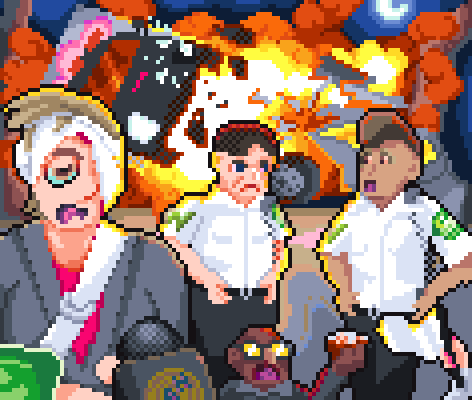 A bandaged woman with a BANGUN-branded sling is looking very tired, upset, and wounded, and is being interviewed by a reporter from NBN. Meanwhile in the background an old man is sitting on the ground holding up a bowl of repulsively-crimson soup, and two paramedics are standing on either side of him conversing about the situation. They are ignoring a woman's hand waving a white flag of surrender in the corner. Most alarmingly, in the background a giant explosion is occurring as an ambulence slams full speed into a car, the car shattering and exploding and the ambulance being flung onto its side, sitens blaring. A crescent moon is visible in the gaps of smoke from the explosion.
