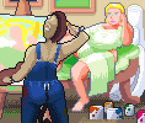 The art for my version of Muse, which depicts a pale blonde woman in vibrant green drapery being painted by an olive-tanned person wearing dark blue overalls. The painter has a rich brown mohawk, piercings, and implanted horns, and has clipped a devil tail to their belt loop. The painter's canvas depicts the subject in the clouds, with a halo over her head. The room is full of canvases and splattered cans of paint, and additional framed canvases are hung on the walls.