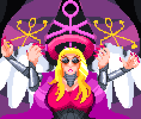 The art for my version of Next Big Thing, which depicts a cyborg woman before flowing embroidered curtains and a large pink sigil. Aside from the skin covering her face and hands, her arms, torso, and neck are overtly metallic. A large pink halo floats over her head, and her eyes look round and metallic like a bug's. Large angel wings sprout from her back, they too are segmented with metallic joints like her arms. She has, incidentally, four arms.