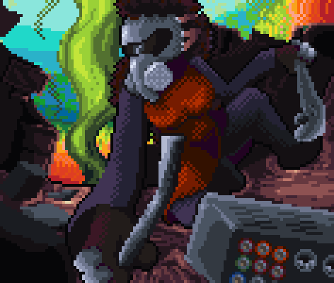 A woman in a gas-mask and three layers of flowing clothes is crouched down, grabbing junk from the ground in a toxic wasteland. Rich curls of black hair spill from her head and around her shoulders. The back of some sort of media device is near the foreground, and in the background things such as TVs and refrigerators and cars can be seen. It has the apperance of a junk yard, with multicoloured toxic fumes billowing from fires in the distance.
