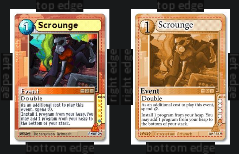 The card "Scrounge" in its pixel-art form on the left, and a higher-readability version on the right. This is a screenshot taken from MakePlayingCards, the printer of my cards.