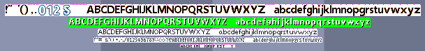 All the characters from all the fonts I've used in these cards. There's five rows of characters, each smaller than the previous row.