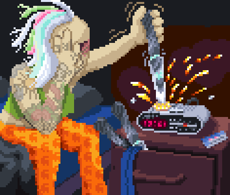 A very tired woman with long white and rainbow hair is rubbing her face as her alarm clock goes off. Her right arm is covered in a sleeve of assorted tattoos. In her left she's holding a very large vibrating dagger, which she has jammed directly into the alarm clock, prompting a shower of sparks. He tie and employee id card are next to the alarm clock, and two more knives are sticking out of her drawer. You can see that her pajamas are patterned with little Among Us crew members.