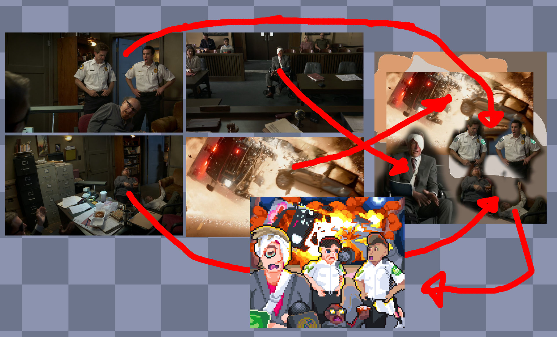 A mood-board composed of four different screenshots from the aforementioned episode of Sunny. The four images have been composited into a rough layout for the card using photomanipulation skills, which is then directly compared to the final artwork. It becomes immediately apparent how referential the piece is for those in the know.