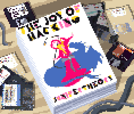 A book titled "The Joy of Hacking", depicting the author, JuniperTheory, slaying a blue dragon. The art is clearly in the style of the original Joy of cooking. Around it are an assortment of real and fake floppies.