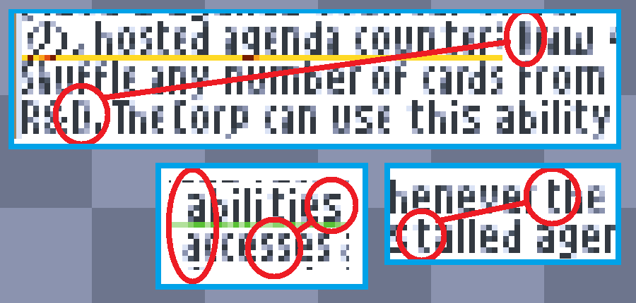 Three sets of text where I've highlighted tweaks I made to individual lettering.