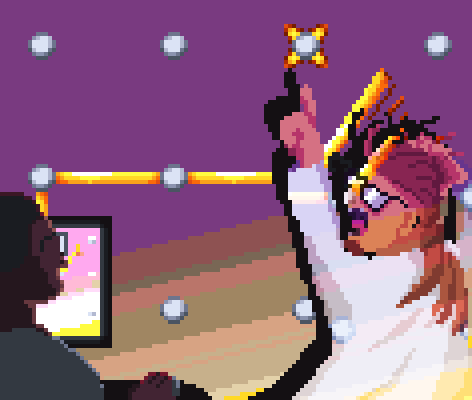 A man with a messy ponytail is pointing at a game on a projector, turning back and shouting to his coworker about an obstacle on-screen. His coworker is looking calm and collected playing the same game on a computer screen.